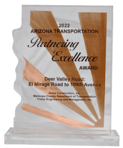 Image of a glass and copper award for the Arizona Transportation Partnering Excellence Award