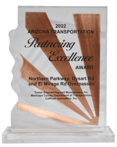 Image of a glass and copper award for the Arizona Transportation Partnering Excellence Award